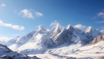 Obraz premium Snow-covered mountain peaks under a clear sky, crisp and cold.