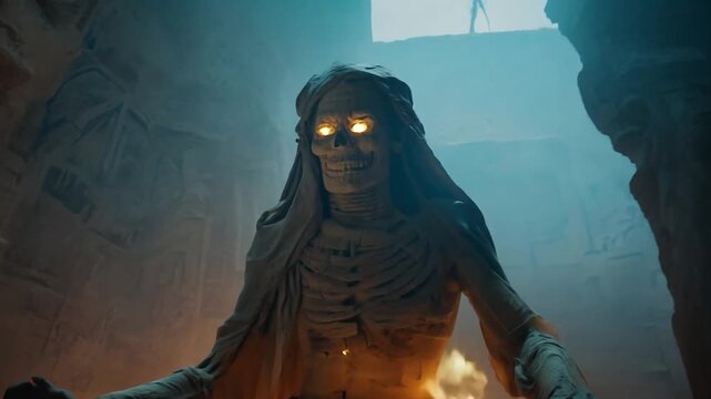 Skeleton mummy coming back to life opening sarcophagus emerging from tomb