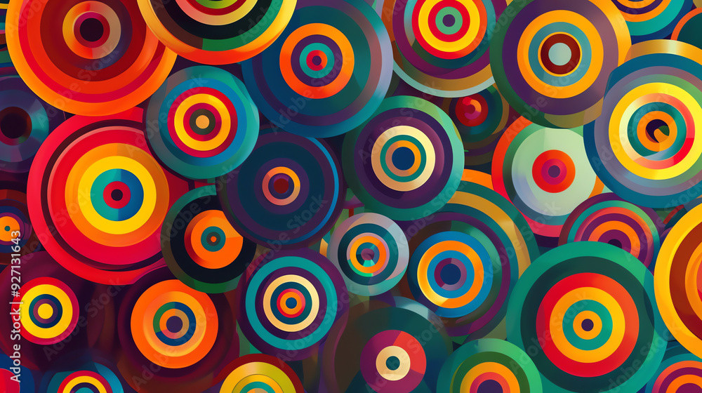 Poster an image of many colorful circles, some with stripes and some with a center design.