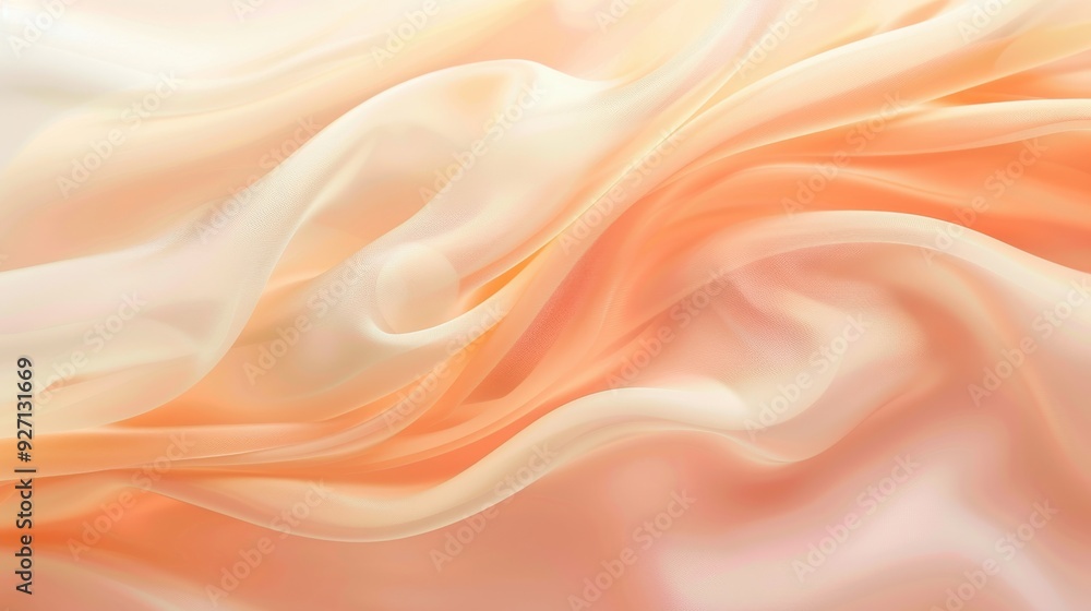 Poster The image features a close-up of a piece of fabric draped and folded, creating soft, flowing waves and folds. The fabric is a light peach color, fading into a slightly whiter hue at the edges, offerin