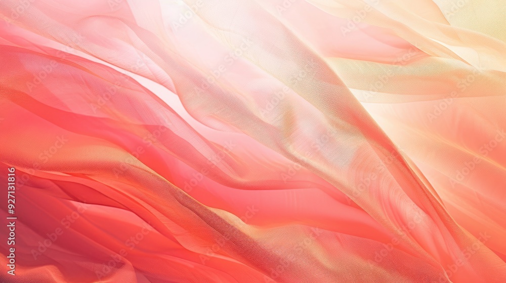 Poster The image is a close-up abstract composition featuring a red and white sheer fabric, draped in soft, flowing waves. The fabric appears translucent, creating a layered and ethereal effect. The colors a