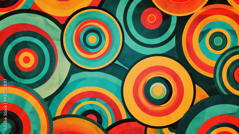 Poster an image of many colorful circles, some with stripes and some with a center design.