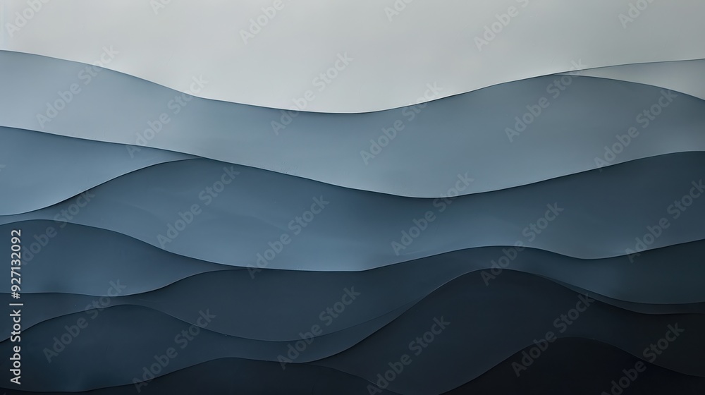Poster A digital illustration depicting overlapping, undulating blue paper waves that transition from a light blue to a dark blue, creating a sense of depth and dimension.