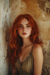 Naklejka premium Woman with Red Hair Leaning Against Wall