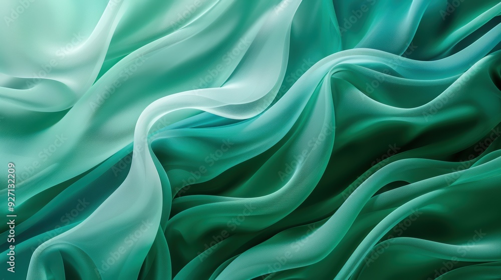 Poster A close-up image of a piece of light green fabric with a darker green ombre effect, draped in flowing, wavy folds. The fabric is soft and sheer, creating a delicate and ethereal texture.