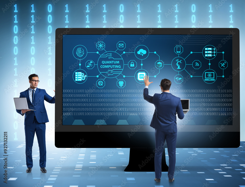 Poster concept of quantum computing with businessman