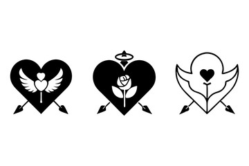 Minimalist Valentine’s Day Logo Icons Set: Heart, Cupid, and Rose Silhouettes Vector Illustration