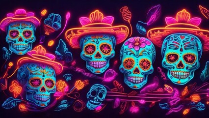 Fototapeta premium sugar skull in neon light for Day of the Dead celebrations, created with Generative AI Technology