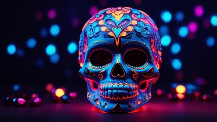 sugar skull in neon light for Day of the Dead celebrations, created with Generative AI Technology