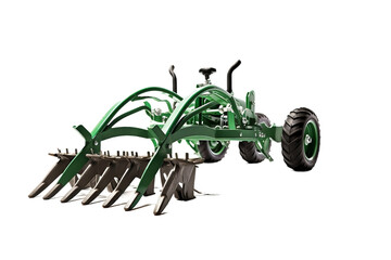 Modern agricultural tools in use on white background