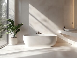 Fototapeta premium 3D model of a minimalist bathroom, with sleek, functional fixtures and a clean, modern design Minimalist Functional, Modern bathroom