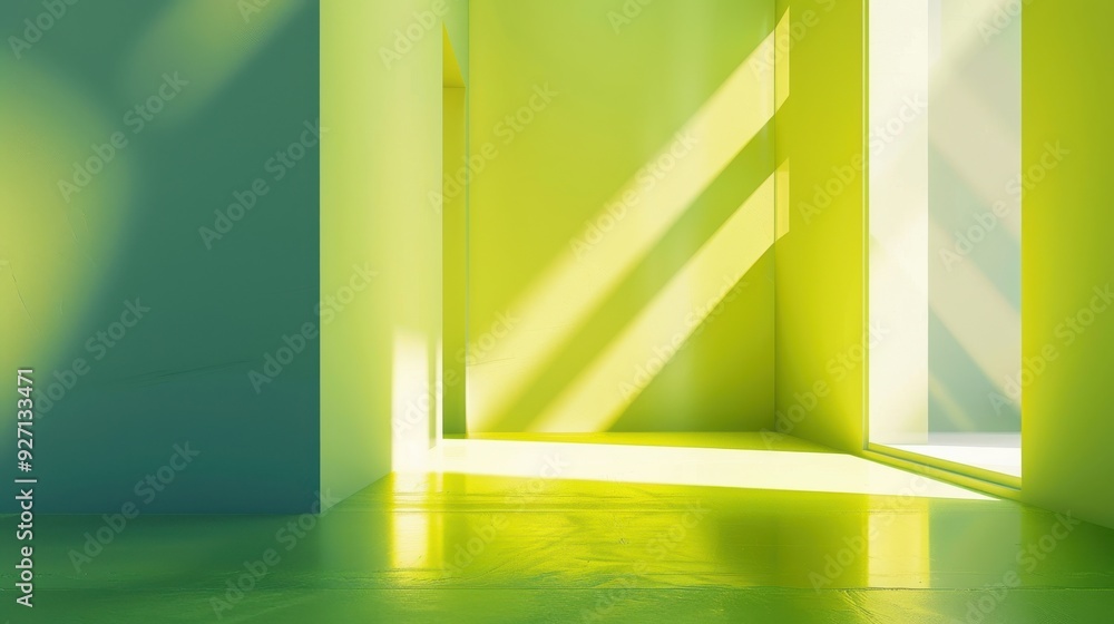 Poster a modern room with green walls and a large window, through which sunlight streams in, casting long s