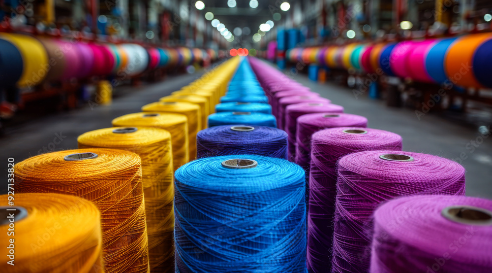 Poster a row of colorful yarns are displayed in a factory. the colors are bright and vibrant, creating a ch