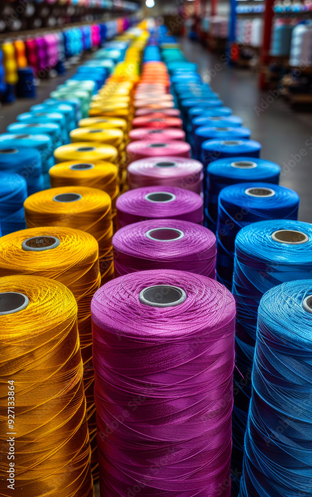 Poster a row of colorful yarns are displayed in a store. the colors are bright and vibrant, creating a chee