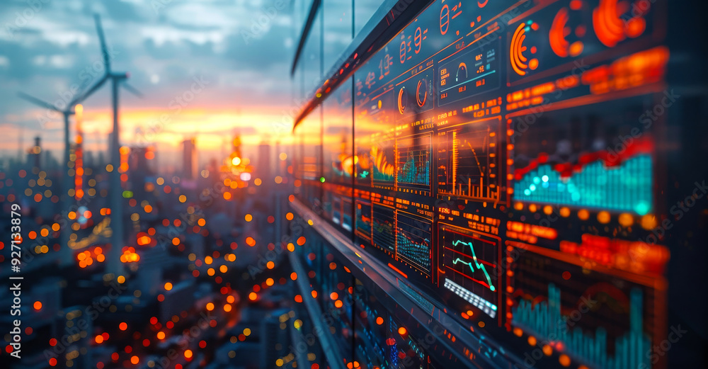 Poster a city skyline with a large screen displaying a variety of graphs and numbers. scene is one of techn