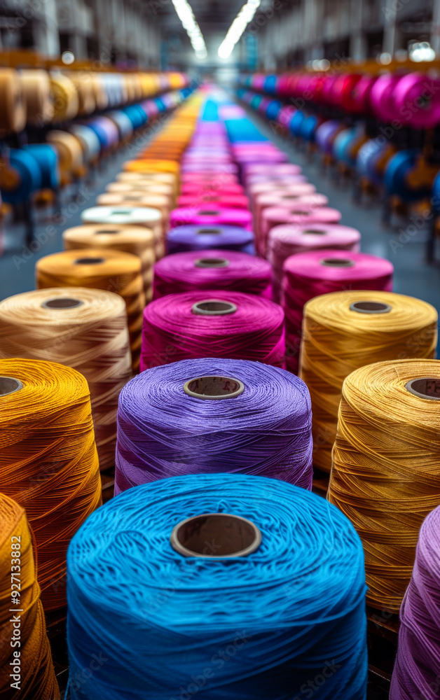 Poster a row of colorful yarns are displayed in a store. the colors are bright and vibrant, creating a chee