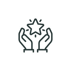 Outline icon value, best score, high quality product, experience. Line sign human hands holding-hugging star symbol. Vector isolated pictograms for web on white background editable stroke.