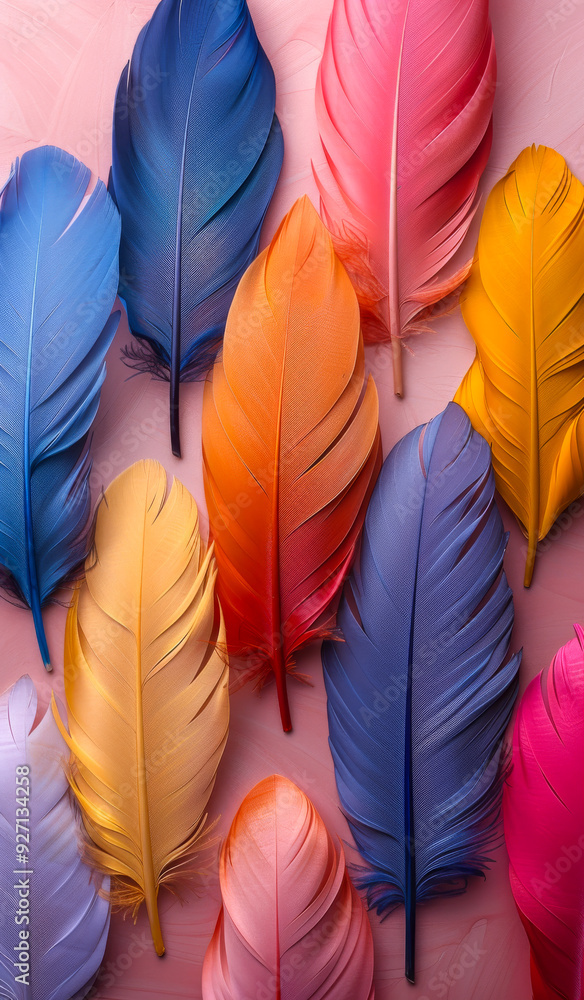 Poster a colorful array of feathers with a pink background. the feathers are of various colors, including b