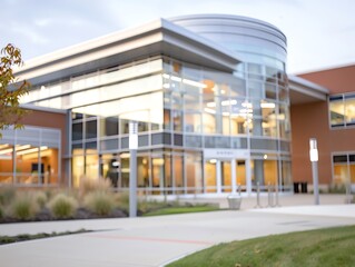 Obraz premium Modern glass and brick building with a large window facade.