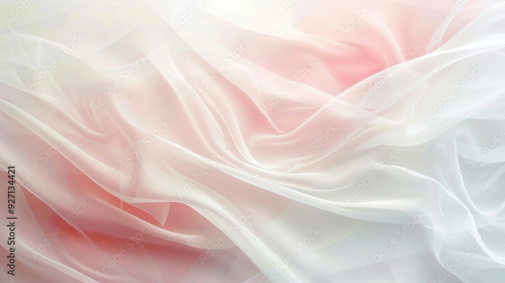 Poster A close-up of a sheer, white fabric with soft pink hues. The fabric is draped in soft, delicate folds, creating a flowing and ethereal texture.