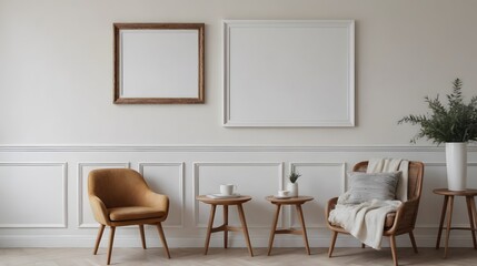 A wooden flooring and white wall interior area image with arm chairs, planters, coffee table, and photo frames on front wall.