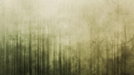 A thick, foggy mist hangs low in the air, obscuring the details of the tall trees in the forest. Sunlight filters through the fog, illuminating the scene with a soft, ethereal glow. The green hues of 