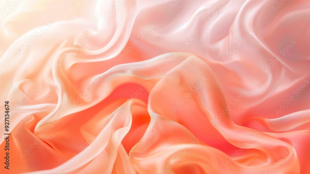 Poster a close-up image of a soft, peach and white silk fabric draped and folded to create soft, flowing li