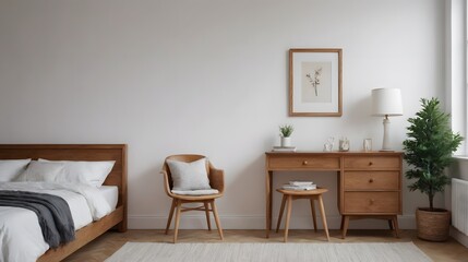 A bedroom interior design image with study table and arm chair, photo frame on the white wall interior image.