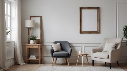 Fototapeta premium High resolution photo frame on the wall interior image template, empty art frame interior design ai generated designer pictures.