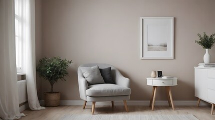 Fototapeta premium An interior design image with arm chair, coffee table, planter, and photo frame on the white wall interior image.