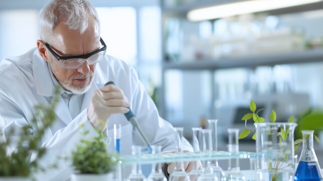 Senior scientist working in a laboratory, conducting research with plants and chemicals.