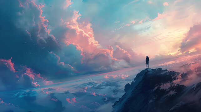 a person standing on a rock above a sea of clouds. The sky is a mix of blue and pink.