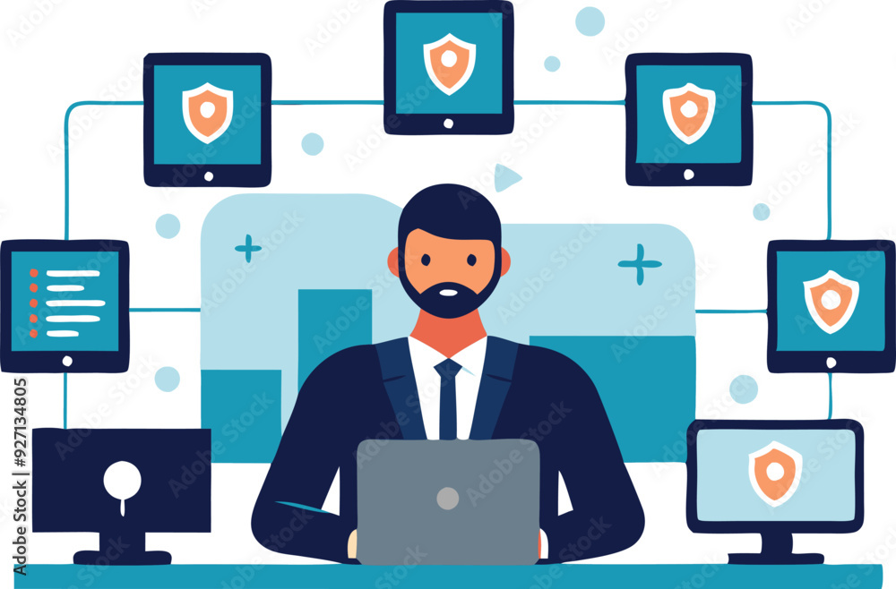 Poster a man in a suit analyzes data on a laptop while multiple screens display security protection icons.