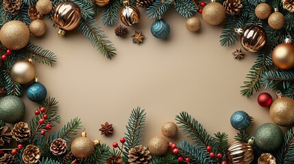 A stylish Christmas flat lay composition features vintage decorations, baubles, and fir branches on a beige background for an aesthetic Christmas card template.