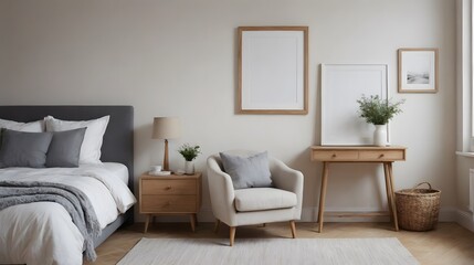 Naklejka premium A bedroom interior design image with study table and arm chair, photo frame on the white wall interior image.