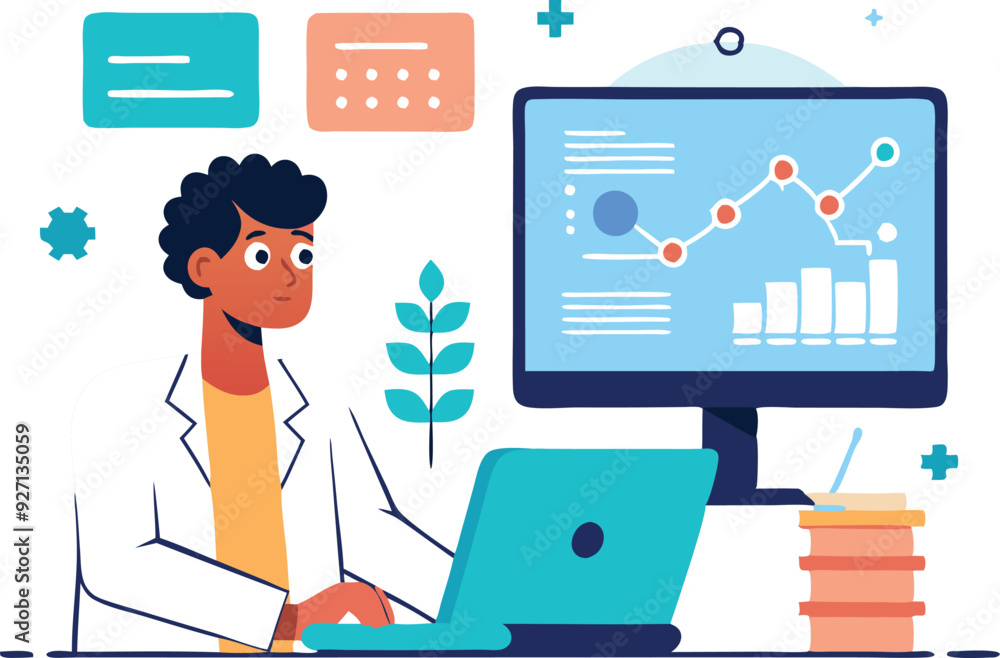 Poster a scientist monitors graphs and stats on a computer while working in a bright and organized office.