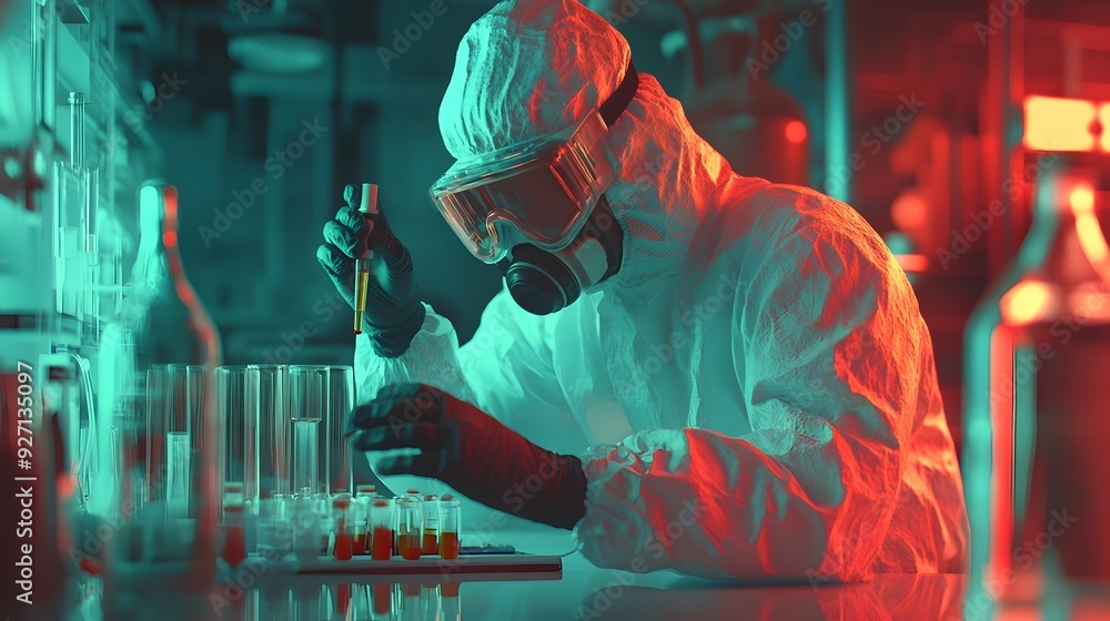 Poster scientist experimenting with various precursor substances in a laboratory setting