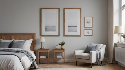 High resolution multiple photo frame interior image template with off white arm chair, empty art frame interior design