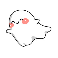 A white ghost with scarlet cheeks drifting across space. A sweet smiling ghost face. Adorable Halloween ghost. A sweet Halloween that isn't scary. Cartoon Images for Halloween. Clip Art for Halloween.