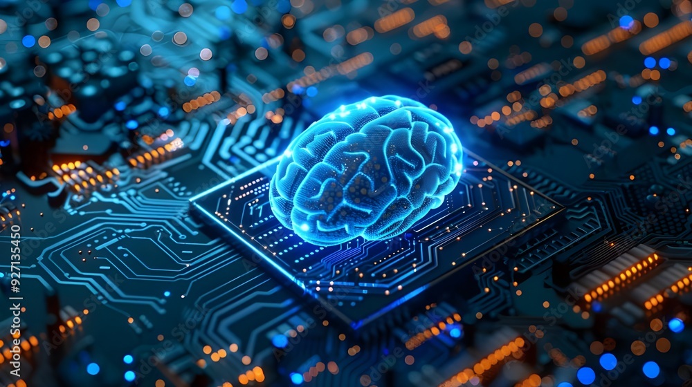 Poster a blue digital brain floating on an intricate circuit board background, symbolizing artificial intel