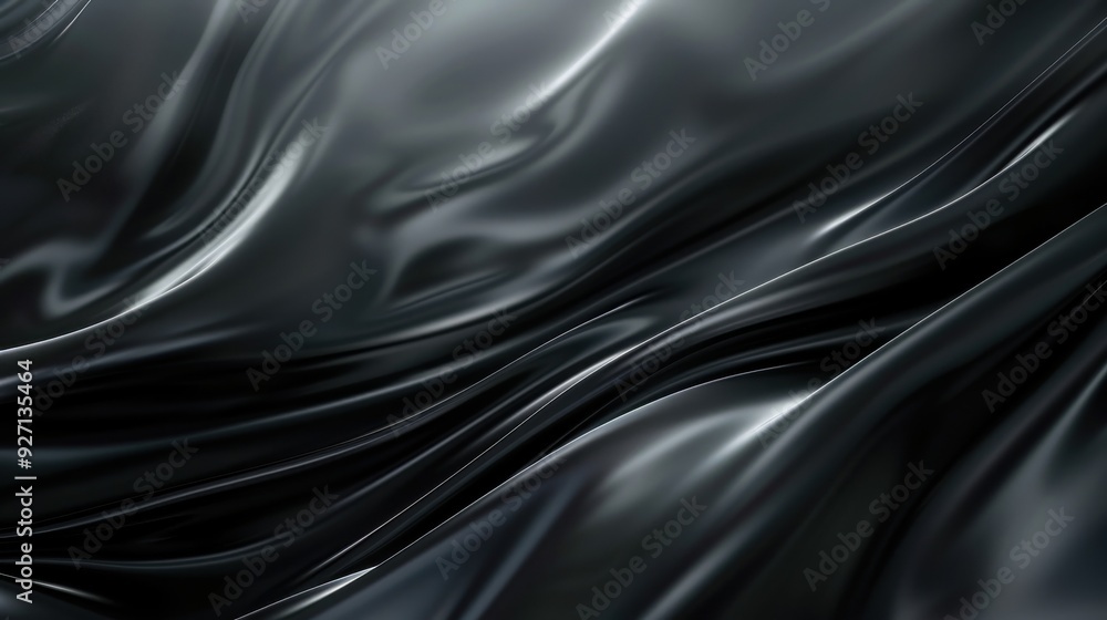 Poster a close-up of black silky fabric draped and flowing in soft waves, creating a smooth and luxurious t