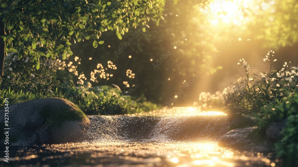 Aufkleber gentle light filters through the trees while insects hover over a shimmering river, creating a tranq