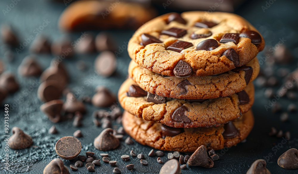 Poster a stack of chocolate chip cookies with chocolate chips on the ground. the cookies are piled on top o