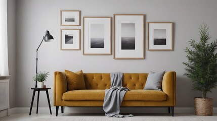 A neat and clean living area interior image with orange sofa, table lamp, coffee table, planters and multiple photo frames on the front wall interior template.