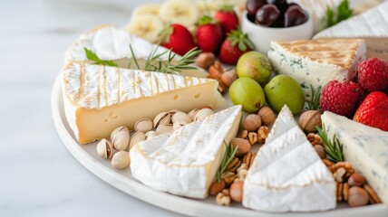 An elegant cheese platter featuring various cheeses, fruits, nuts, and herbs, perfect for gatherings and celebrations.