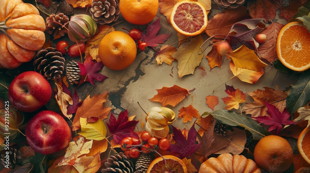 Poster a close-up overhead shot of a tabletop display featuring various autumnal fruits and foliage. scatte