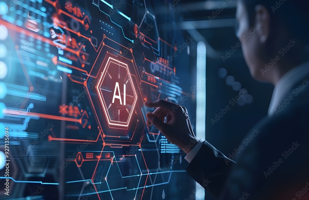 Poster artificial intelligence and businessman with hexagon icon on virtual screen displaying 