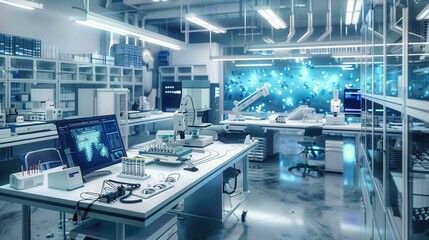 A laboratory interior with white walls and stainless steel equipment. A robotic arm is moving over a workbench, and a computer displays data.