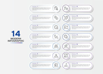Modern infographic with 14 steps and business icons for presentation.