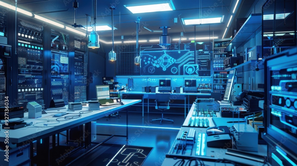 Fototapete a futuristic server room with blue lighting and technical equipment. there are rows of servers, moni